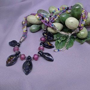 NWOT Lampworked Glass and Seed Bead Handmade Necklace Thai Silver & Crystals 20"